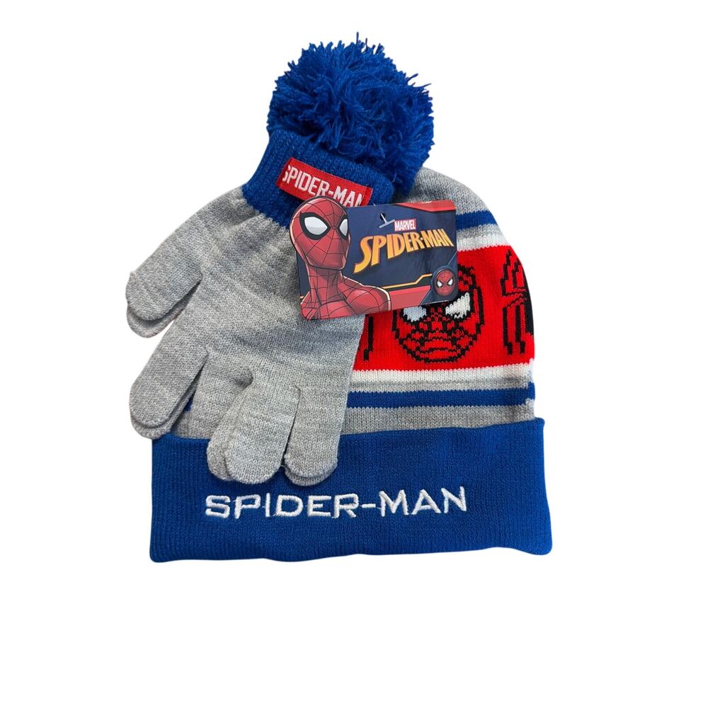 Marvel Spider-Man Children's Blue Gray Red Glove & Hat Set Winter New
